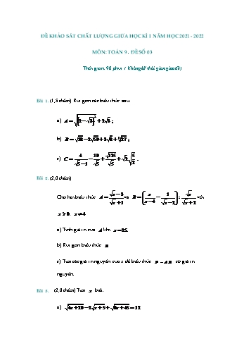 Đề khảo sát chất lượng giữa học kì 1 Toán Lớp 9 - Đề số 3 - Năm học 2021-2022