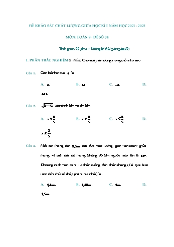 Đề khảo sát chất lượng giữa học kì 1 Toán Lớp 9 - Đề số 4 - Năm học 2021-2022