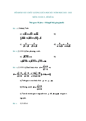 Đề khảo sát chất lượng giữa học kì 1 Toán Lớp 9 - Đề số 6 - Năm học 2021-2022