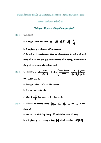 Đề khảo sát chất lượng giữa học kì 1 Toán Lớp 9 - Đề số 7 - Năm học 2021-2022