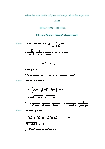 Đề khảo sát chất lượng giữa học kì 1 Toán Lớp 9 - Đề số 8 - Năm học 2021-2022