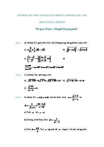 Đề khảo sát chất lượng giữa học kì 1 Toán Lớp 9 - Đề số 9 - Năm học 2021-2022