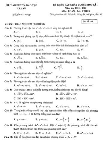 Đề khảo sát chất lượng học kì 2 Toán Lớp 9 - Mã đề 104 - Năm học 2021-2022 - Sở GD&ĐT Hà Nam