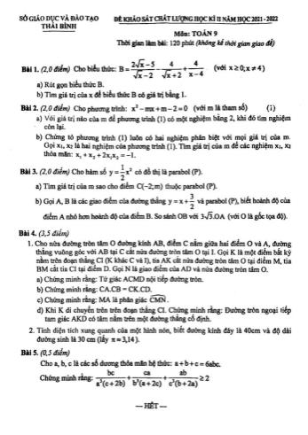 Đề khảo sát chất lượng học kì 2 Toán Lớp 9 - Năm học 2021-2022 - Sở GD&ĐT Thái Bình (Có hướng dẫn chấm)
