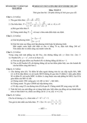Đề khảo sát chất lượng học kì 2 Toán Lớp 9 - Năm học 2022-2023 - Sở GD&ĐT Thái Bình (Có hướng dẫn chấm)