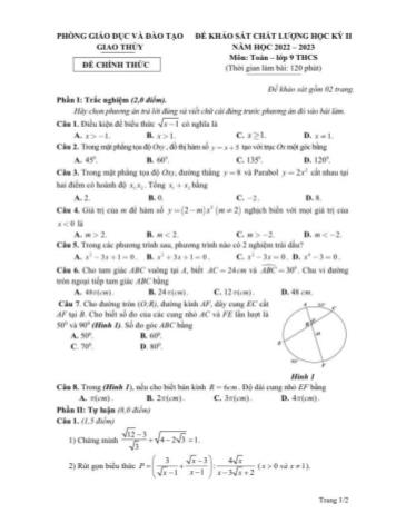 Đề khảo sát chất lượng học kì 2 Toán Lớp 9 - Năm học 2022-2023 - Phòng GD&ĐT Giao Thủy