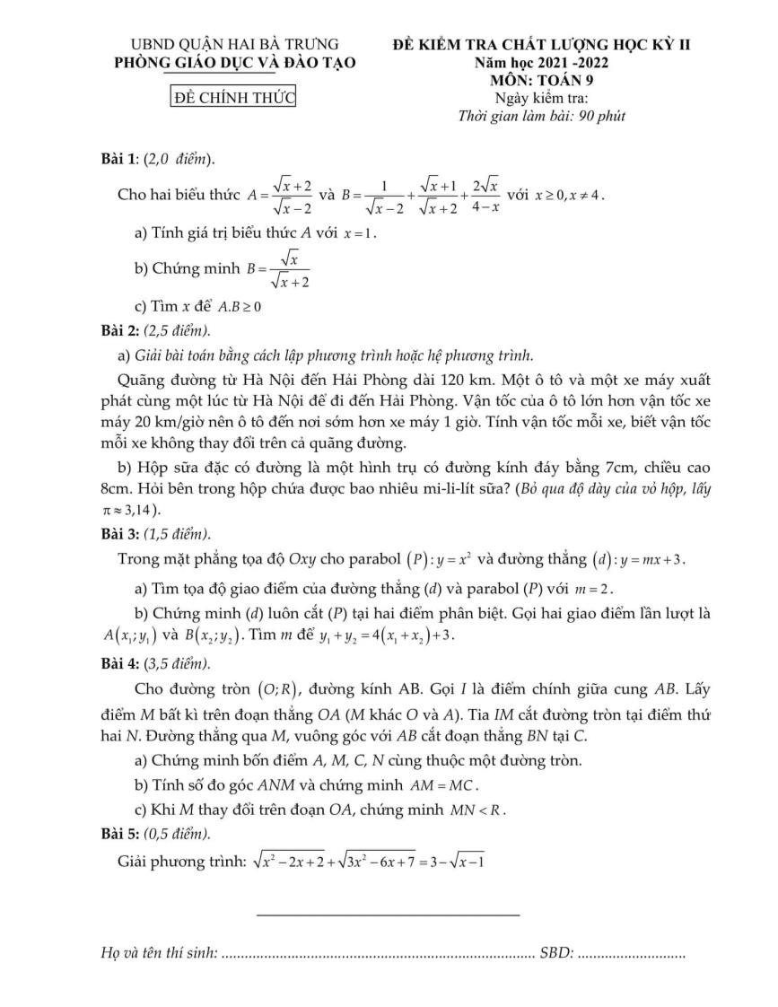 Đề kiểm tra chất lượng học kì 2 Toán Lớp 9 - Năm học 2021-2022 - Phòng GD&ĐT Hai Bà Trưng (Có hướng dẫn chấm)