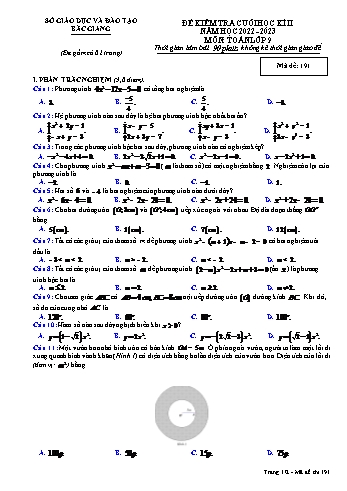 Đề kiểm tra cuối học kì 2 Toán Lớp 9 - Mã đề 191 - Năm học 2022-2023 - Sở GD&ĐT Bắc Giang (Có đáp án)