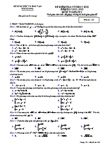 Đề kiểm tra cuối học kì 2 Toán Lớp 9 - Mã đề 192 - Năm học 2022-2023 - Sở GD&ĐT Bắc Giang (Có đáp án)