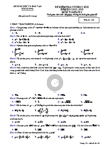Đề kiểm tra cuối học kì 2 Toán Lớp 9 - Mã đề 194 - Năm học 2022-2023 - Sở GD&ĐT Bắc Giang (Có đáp án)