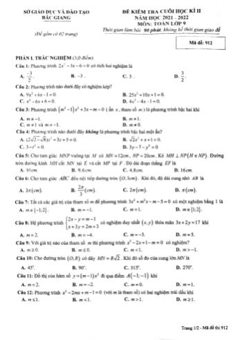 Đề kiểm tra cuối học kì 2 Toán Lớp 9 - Mã đề 912 - Năm học 2021-2022 - Sở GD&ĐT Bắc Giang