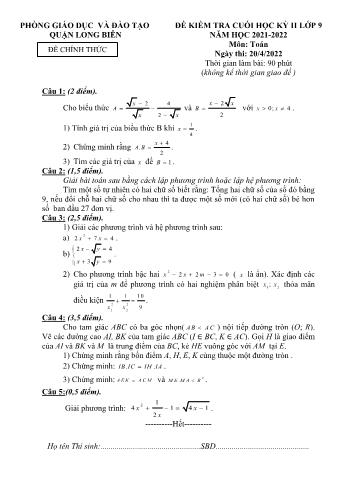 Đề kiểm tra cuối học kì 2 Toán Lớp 9 - Năm học 2021-2022 - Phòng GD&ĐT Long Biên (Có hướng dẫn chấm)