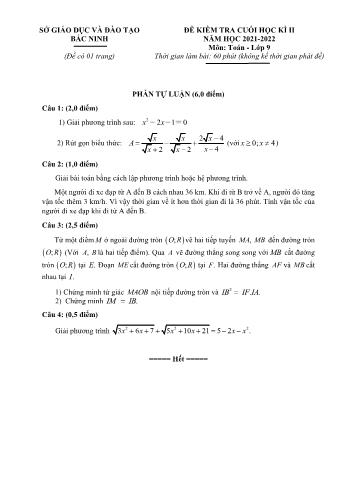 Đề kiểm tra cuối học kì 2 Toán Lớp 9 - Năm học 2021-2022 - Sở GD&ĐT Bắc Ninh (Có hướng dẫn chấm)