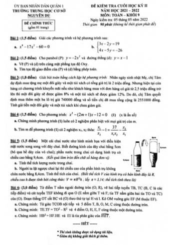 Đề kiểm tra cuối học kì 2 Toán Lớp 9 - Năm học 2021-2022 - Trường THCS Nguyễn Du