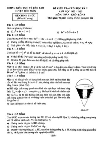 Đề kiểm tra cuối học kì 2 Toán Lớp 9 - Năm học 2022-2023 - Phòng GD&ĐT Hóc Môn