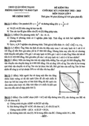 Đề kiểm tra cuối học kì 2 Toán Lớp 9 - Năm học 2022-2023 - Phòng GD&ĐT Bình Thạnh