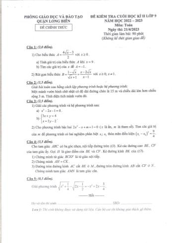 Đề kiểm tra cuối học kì 2 Toán Lớp 9 - Năm học 2022-2023 - Phòng GD&ĐT Long Biên (Có hướng dẫn chấm)