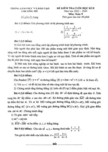 Đề kiểm tra cuối học kì 2 Toán Lớp 9 - Năm học 2022-2023 - Phòng GD&ĐT Chương Mỹ
