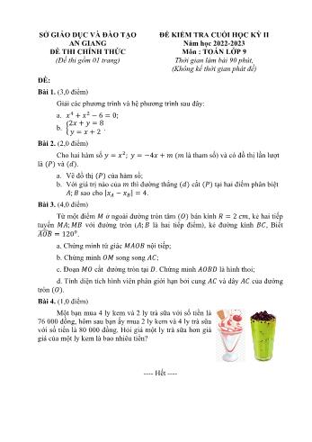 Đề kiểm tra cuối học kì 2 Toán Lớp 9 - Năm học 2022-2023 - Sở GD&ĐT An Giang (Có đáp án)
