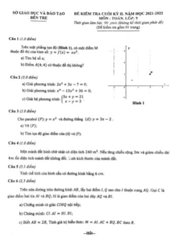 Đề kiểm tra cuối kì 2 Toán Lớp 9 - Năm học 2021-2022 - Sở GD&ĐT Bến Tre