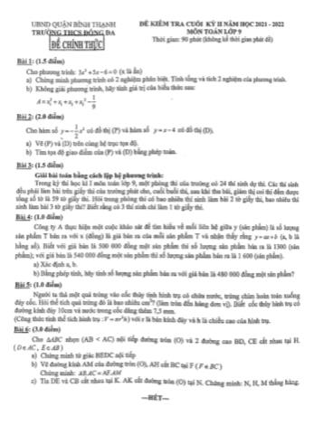 Đề kiểm tra cuối kì 2 Toán Lớp 9 - Năm học 2021-2022 - Trường THCS Đống Đa