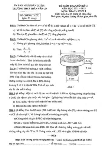 Đề kiểm tra cuối kì 2 Toán Lớp 9 - Năm học 2021-2022 - Trường THCS Trần Văn Ơn