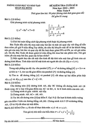 Đề kiểm tra cuối kì 2 Toán Lớp 9 - Năm học 2022-2023 - Phòng GD&ĐT Hà Đông (Có hướng dẫn chấm)