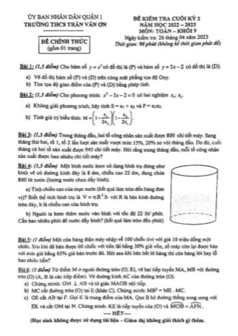 Đề kiểm tra cuối kì 2 Toán Lớp 9 - Năm học 2022-2023 - Trường THCS Trần Văn Ơn