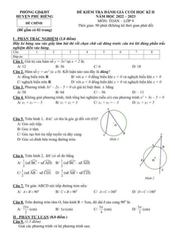 Đề kiểm tra đánh giá cuối học kì 2 Toán Lớp 9 - Năm học 2022-2023 - Phòng GD&ĐT Phú Riềng