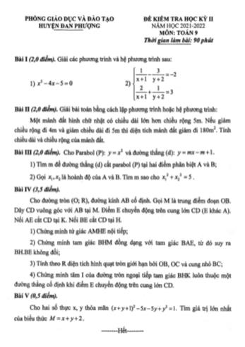 Đề kiểm tra học kì 2 Toán Lớp 9 - Năm học 2021-2022 - Phòng GD&ĐT Đan Phượng