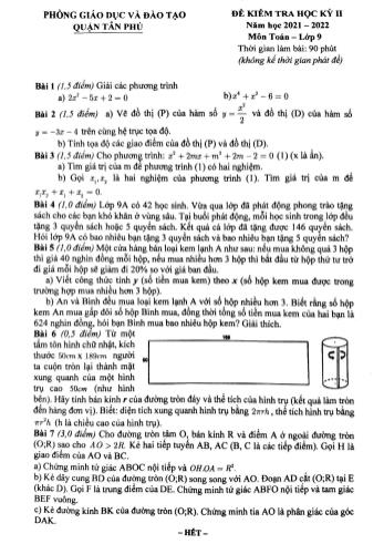 Đề kiểm tra học kì 2 Toán Lớp 9 - Năm học 2021-2022 - Phòng GD&ĐT Tân Phú