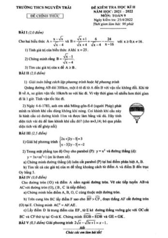 Đề kiểm tra học kì 2 Toán Lớp 9 - Năm học 2021-2022 - Trường THCS Nguyễn Trãi