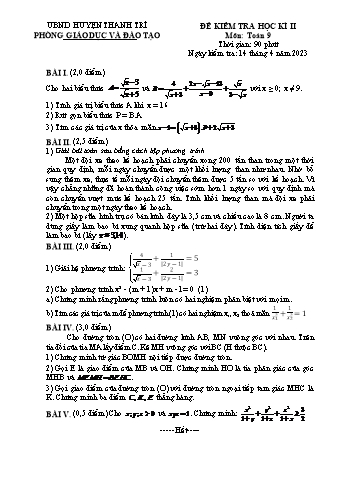 Đề kiểm tra học kì 2 Toán Lớp 9 - Năm học 2022-2023 - Phòng GD&ĐT Thanh Trì (Có hướng dẫn chấm)