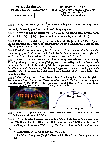 Đề kiểm tra học kì 2 Toán Lớp 9 - Năm học 2022-2023 - Phòng GD&ĐT Bình Tân (Có hướng dẫn chấm)
