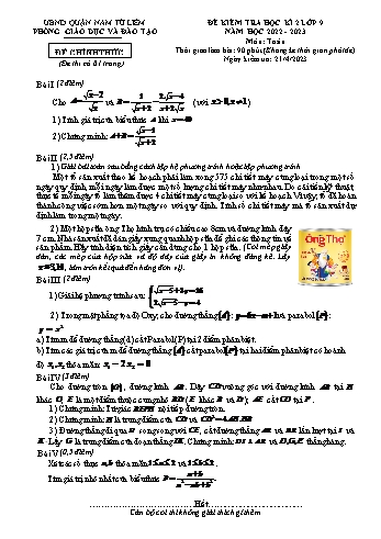Đề kiểm tra học kì 2 Toán Lớp 9 - Năm học 2022-2023 - Phòng GD&ĐT Nam Từ Liêm (Có hướng dẫn chấm)
