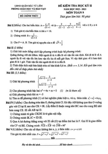 Đề kiểm tra học kì 2 Toán Lớp 9 - Năm học 2022-2023 - Phòng GD&ĐT Bắc Từ Liêm (Có hướng dẫn chấm)