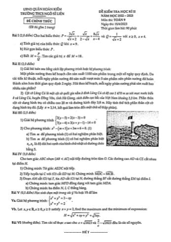 Đề kiểm tra học kì 2 Toán Lớp 9 - Năm học 2022-2023 - Trường THCS Ngô Sỹ Liên