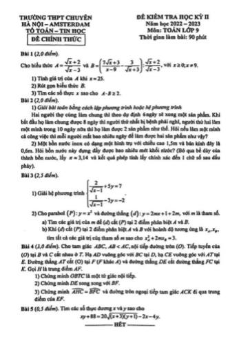 Đề kiểm tra học kì 2 Toán Lớp 9 - Năm học 2022-2023 - Trường THCS Amsterdam