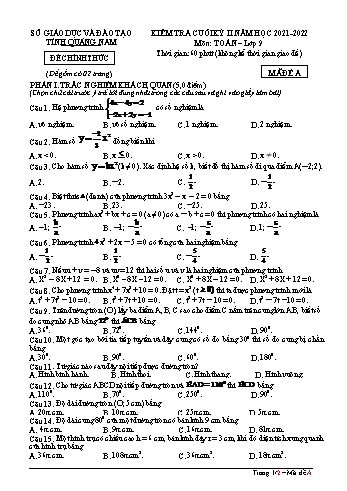 Kiểm tra cuối kì 2 Toán Lớp 9 - Đề A - Năm học 2021-2022 - Sở GD&ĐT Quảng Nam (Có đáp án)