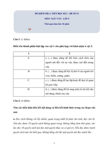 Đề kiểm tra 1 tiết học kì 2 Ngữ văn Lớp 9 - Đề số 12 (Có hướng dẫn giải chi tiết)