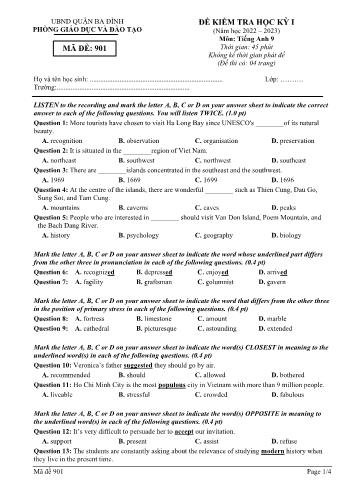 Đề kiểm tra học kì 1 Tiếng Anh Lớp 9 - Mã đề 901 - Năm học 2022-2023 - Phòng GD&ĐT Ba Đình