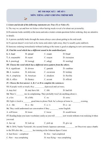 Đề thi học kì 2 Tiếng Anh Lớp 9 Chương trình mới - Đề số 1 (Có hướng dẫn giải)