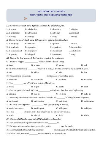 Đề thi học kì 2 Tiếng Anh Lớp 9 Chương trình mới - Đề số 3 (Có hướng dẫn giải)