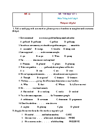 Đề thi học kì 2 Tiếng Anh Lớp 9 - Đề 10 (Kèm đáp án)