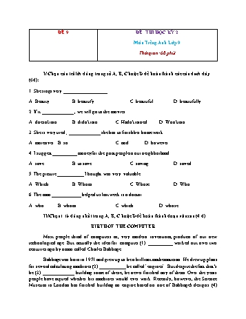 Đề thi học kì 2 Tiếng Anh Lớp 9 - Đề 9 (Kèm đáp án)