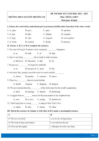 Đề thi học kì 2 Tiếng Anh Lớp 9 - Năm học 2022-2023 - Trường THCS Nguyễn Trường Tộ (Có đáp án)