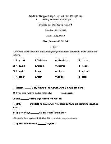 3 Đề khảo sát chất lượng học kì 1 Tiếng Anh Lớp 9 - Năm học 2021-2022
