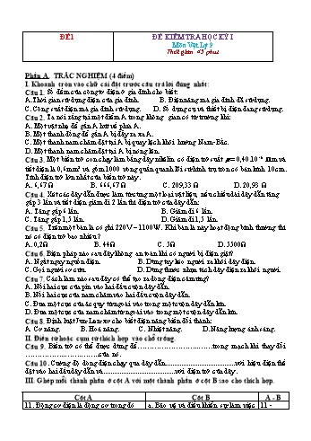 30 Đề kiểm tra học kì 1 Vật lí Lớp 9 (Có hướng dẫn chấm)
