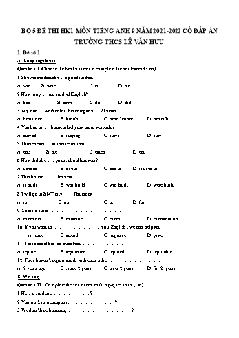 5 Đề thi học kì 1 Tiếng Anh Lớp 9 - Năm học 2021-2022 - Trường THCS Lê Văn Hưu (Có đáp án)