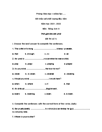 Đề khảo sát chất lượng đầu năm Tiếng Anh Lớp 9 - Đề số 1 - Năm học 2021-2022 (Có đáp án)